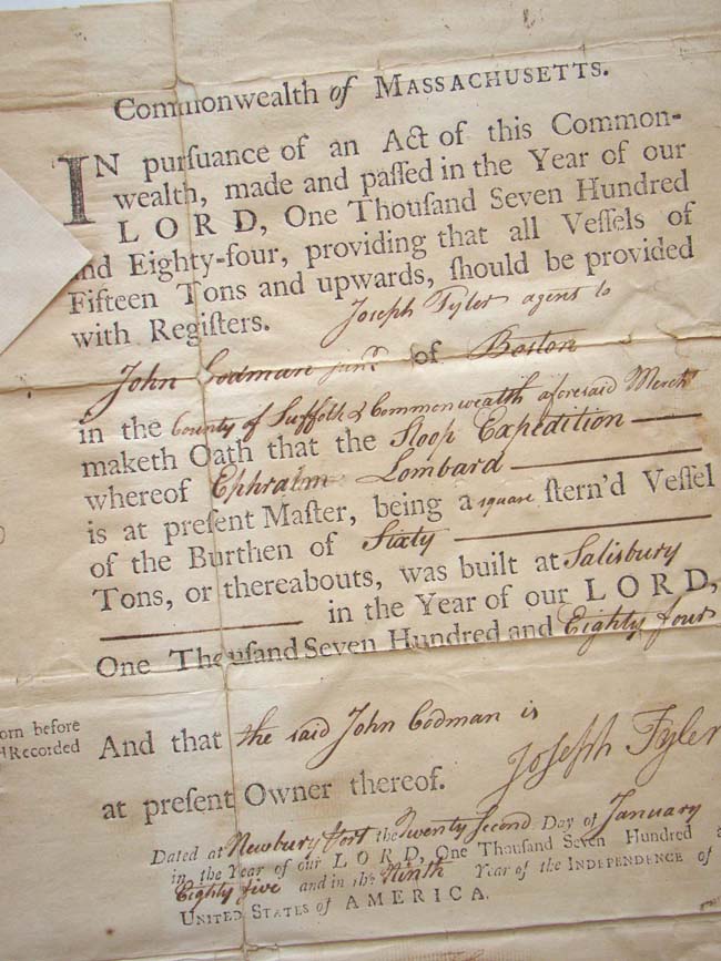 An 18th century Ships' Registry document signed by JOHN HANCOCK as Governor of Massachusetts on Jan.22, 1785. — image 3